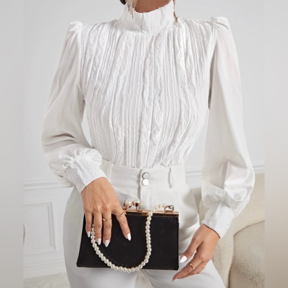 Mock Neck Lantern Sleeve Blouse White